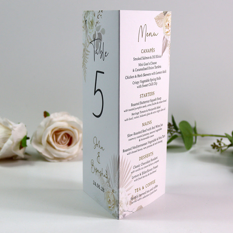 Boho Chic  010 - Personalised Tri-Fold Triangle Menu Cards with Table Number