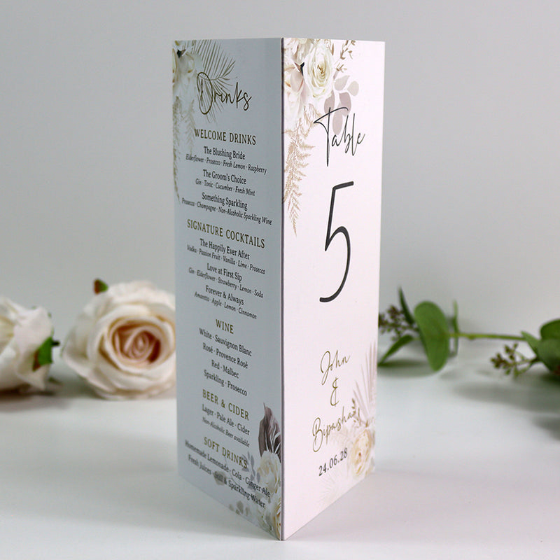 Boho Chic  010 - Personalised Tri-Fold Triangle Menu Cards with Table Number