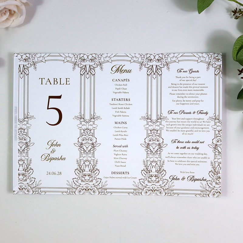 Gold Floral Outline 003 - Personalised Tri-Fold Triangle Menu Cards with Table Number