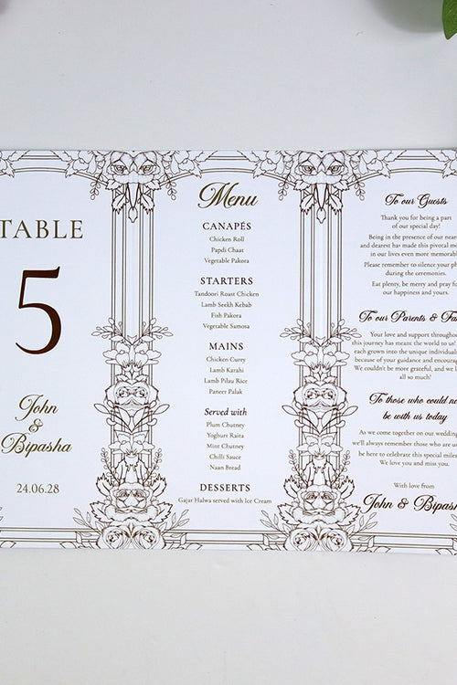 Load image into Gallery viewer, Gold Floral Outline 003 - Personalised Tri-Fold Triangle Menu Cards with Table Number
