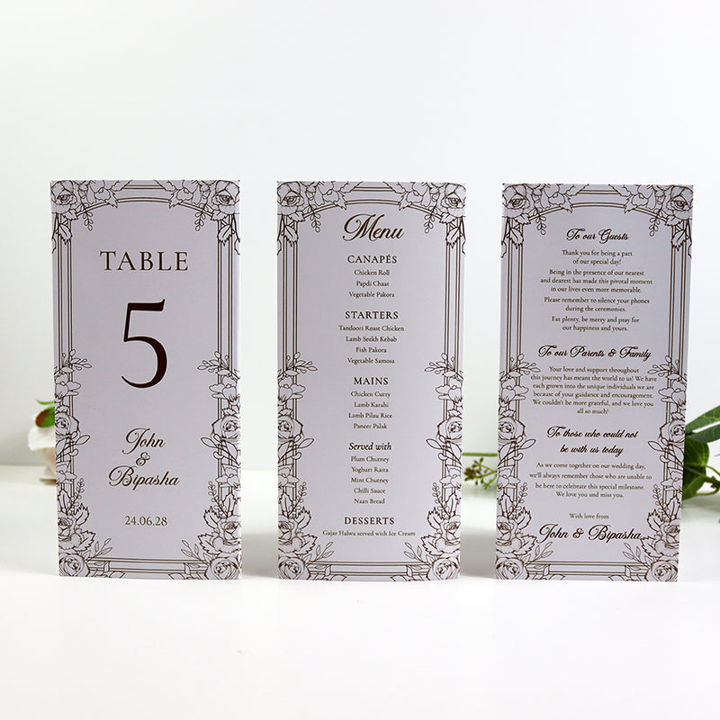 Gold Floral Outline 003 - Personalised Tri-Fold Triangle Menu Cards with Table Number