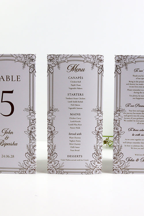 Load image into Gallery viewer, Gold Floral Outline 003 - Personalised Tri-Fold Triangle Menu Cards with Table Number
