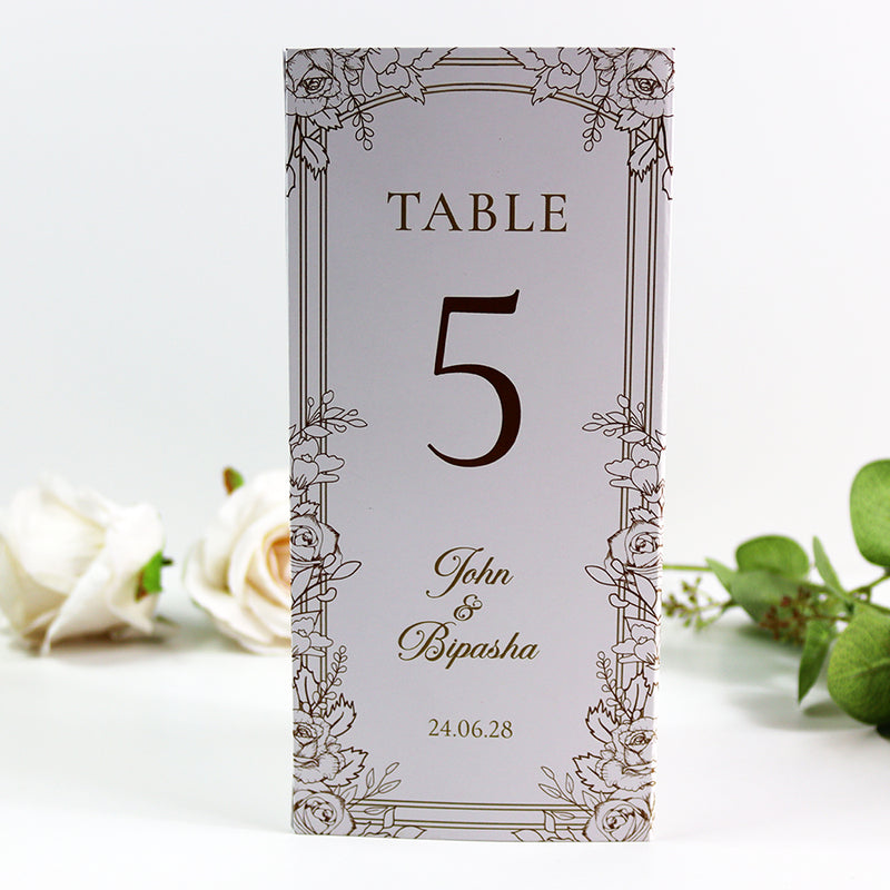 Gold Floral Outline 003 - Personalised Tri-Fold Triangle Menu Cards with Table Number