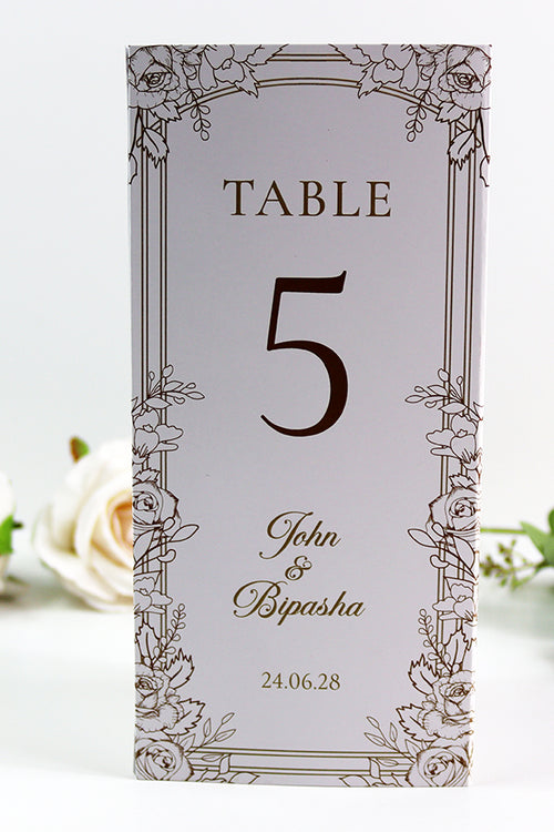 Load image into Gallery viewer, Gold Floral Outline 003 - Personalised Tri-Fold Triangle Menu Cards with Table Number
