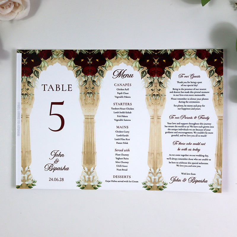 Maroon Floral Arch 001 - Personalised Tri-Fold Triangle Menu Cards with Table Number