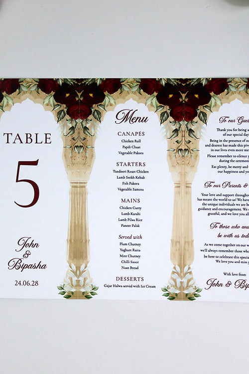 Load image into Gallery viewer, Maroon Floral Arch 001 - Personalised Tri-Fold Triangle Menu Cards with Table Number
