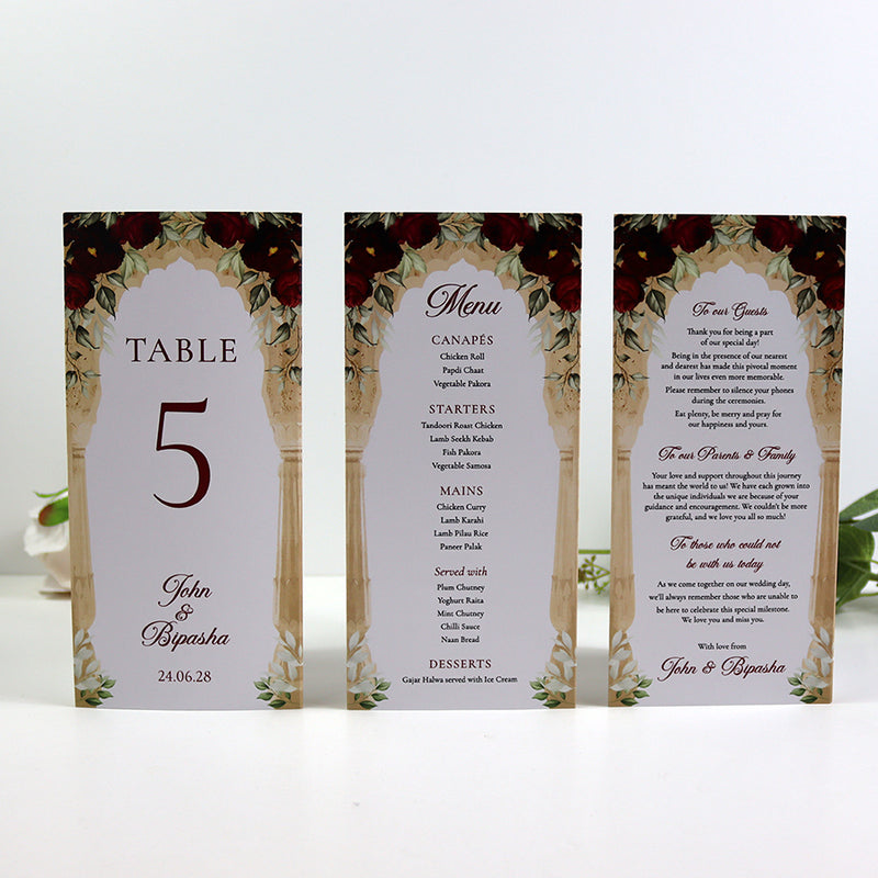 Maroon Floral Arch 001 - Personalised Tri-Fold Triangle Menu Cards with Table Number