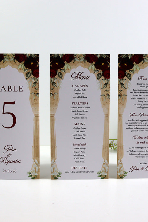 Load image into Gallery viewer, Maroon Floral Arch 001 - Personalised Tri-Fold Triangle Menu Cards with Table Number
