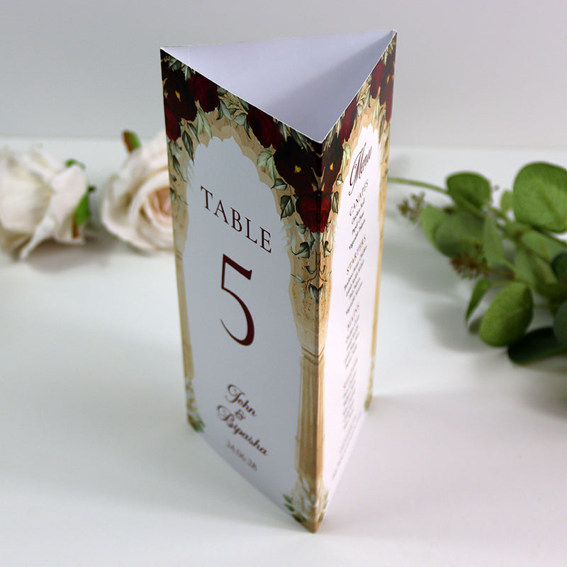 Maroon Floral Arch 001 - Personalised Tri-Fold Triangle Menu Cards with Table Number