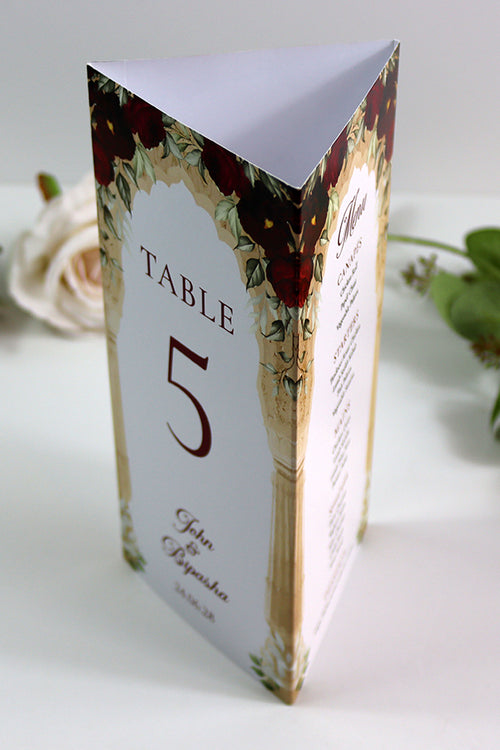 Load image into Gallery viewer, Maroon Floral Arch 001 - Personalised Tri-Fold Triangle Menu Cards with Table Number
