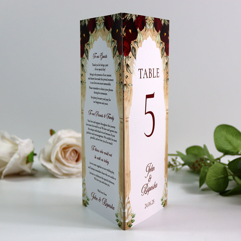 Maroon Floral Arch 001 - Personalised Tri-Fold Triangle Menu Cards with Table Number