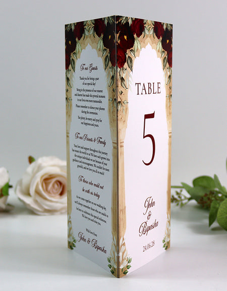 Maroon Floral Arch 001 - Personalised Tri-Fold Triangle Menu Cards with Table Number