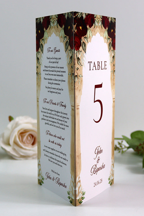 Load image into Gallery viewer, Maroon Floral Arch 001 - Personalised Tri-Fold Triangle Menu Cards with Table Number

