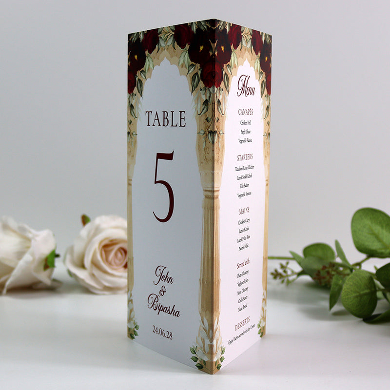 Maroon Floral Arch 001 - Personalised Tri-Fold Triangle Menu Cards with Table Number