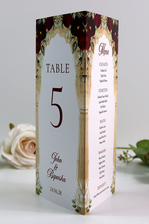 Load image into Gallery viewer, Maroon Floral Arch 001 - Personalised Tri-Fold Triangle Menu Cards with Table Number
