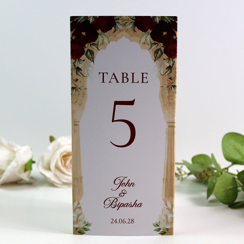 Maroon Floral Arch 001 - Personalised Tri-Fold Triangle Menu Cards with Table Number