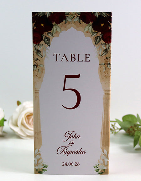 Maroon Floral Arch 001 - Personalised Tri-Fold Triangle Menu Cards with Table Number