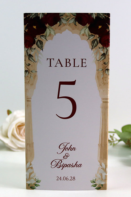 Load image into Gallery viewer, Maroon Floral Arch 001 - Personalised Tri-Fold Triangle Menu Cards with Table Number
