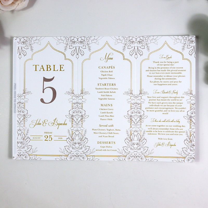 Ivory Floral 006 - Personalised Tri-Fold Triangle Menu Cards with Table Number