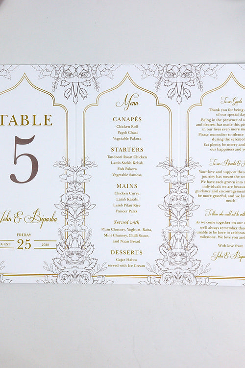 Load image into Gallery viewer, Ivory Floral 006 - Personalised Tri-Fold Triangle Menu Cards with Table Number
