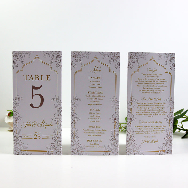 Ivory Floral 006 - Personalised Tri-Fold Triangle Menu Cards with Table Number