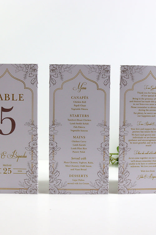 Load image into Gallery viewer, Ivory Floral 006 - Personalised Tri-Fold Triangle Menu Cards with Table Number
