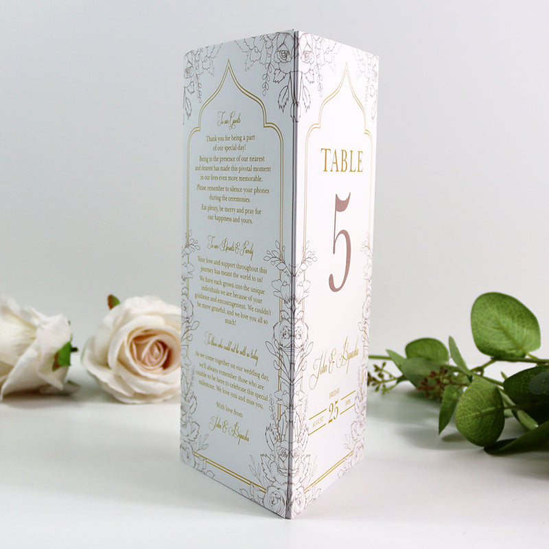Ivory Floral 006 - Personalised Tri-Fold Triangle Menu Cards with Table Number