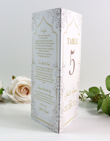 Ivory Floral 006 - Personalised Tri-Fold Triangle Menu Cards with Table Number