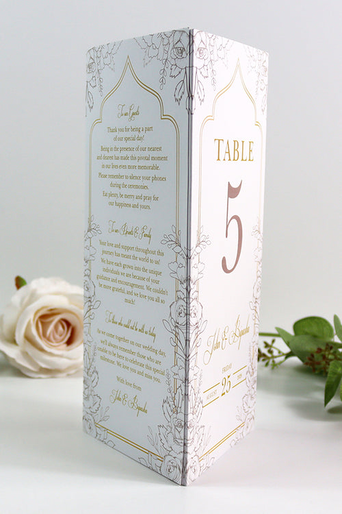 Load image into Gallery viewer, Ivory Floral 006 - Personalised Tri-Fold Triangle Menu Cards with Table Number
