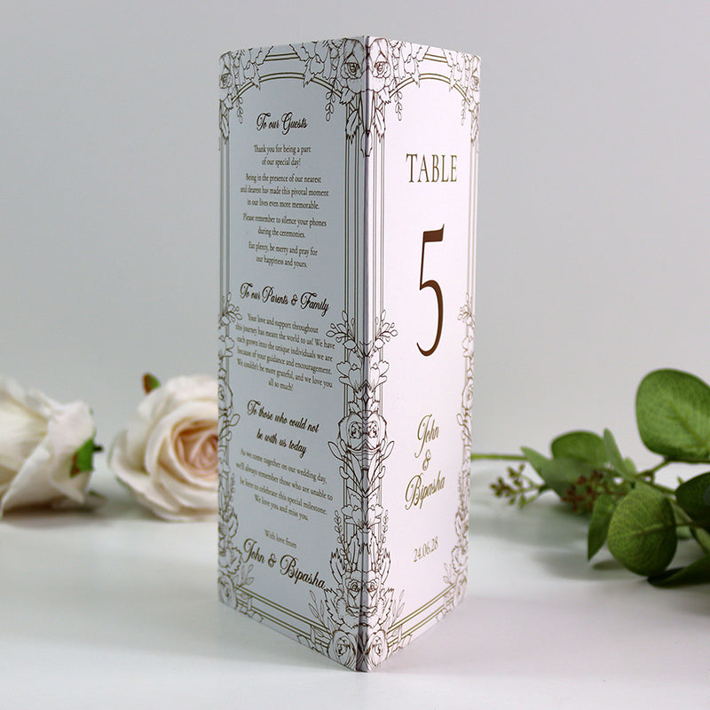 Gold Floral Outline 003 - Personalised Tri-Fold Triangle Menu Cards with Table Number