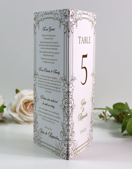 Gold Floral Outline 003 - Personalised Tri-Fold Triangle Menu Cards with Table Number
