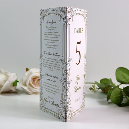 Gold Floral Outline 003 - Personalised Tri-Fold Triangle Menu Cards with Table Number