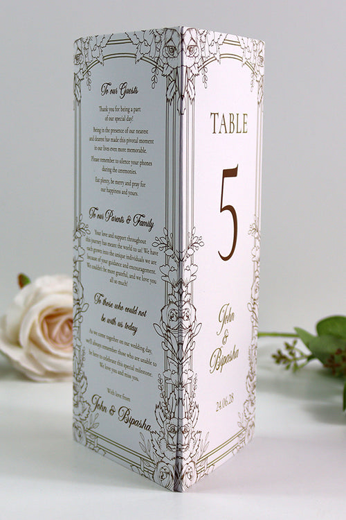 Load image into Gallery viewer, Gold Floral Outline 003 - Personalised Tri-Fold Triangle Menu Cards with Table Number
