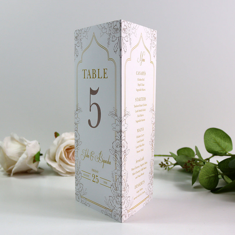 Ivory Floral 006 - Personalised Tri-Fold Triangle Menu Cards with Table Number