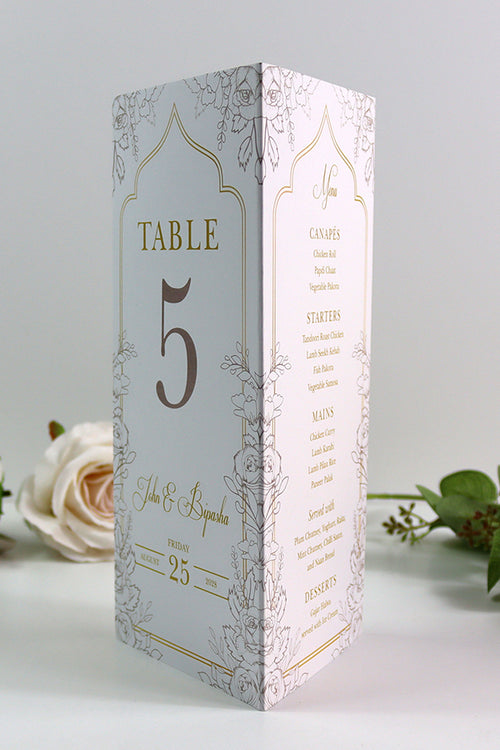 Load image into Gallery viewer, Ivory Floral 006 - Personalised Tri-Fold Triangle Menu Cards with Table Number
