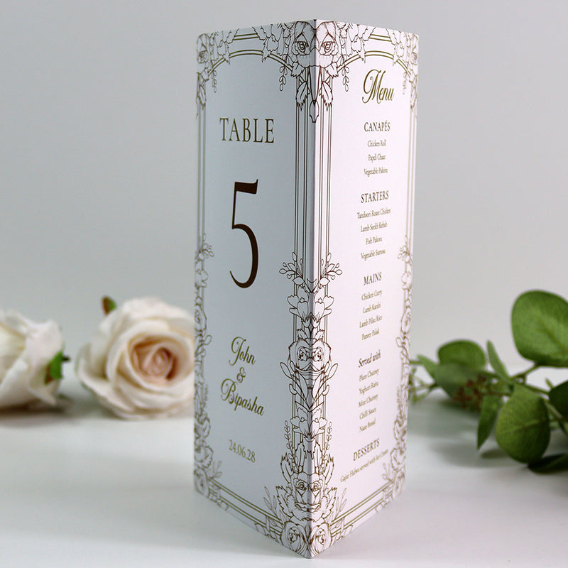 Gold Floral Outline 003 - Personalised Tri-Fold Triangle Menu Cards with Table Number