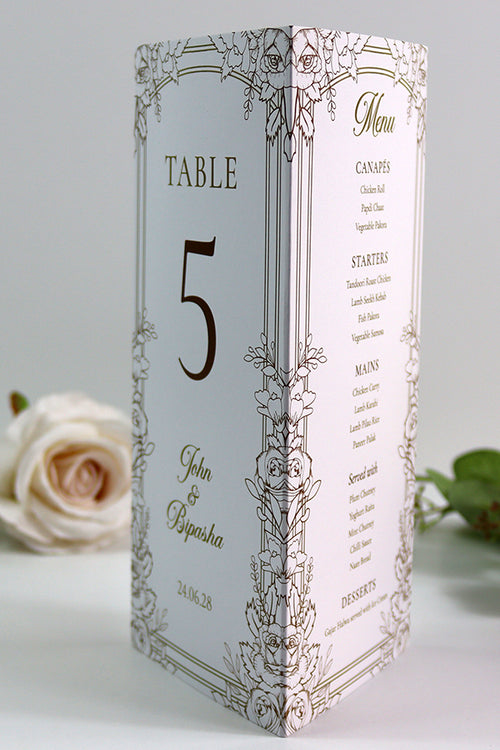 Load image into Gallery viewer, Gold Floral Outline 003 - Personalised Tri-Fold Triangle Menu Cards with Table Number
