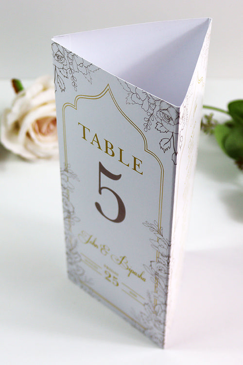 Load image into Gallery viewer, Gold Floral Outline 003 - Personalised Tri-Fold Triangle Menu Cards with Table Number

