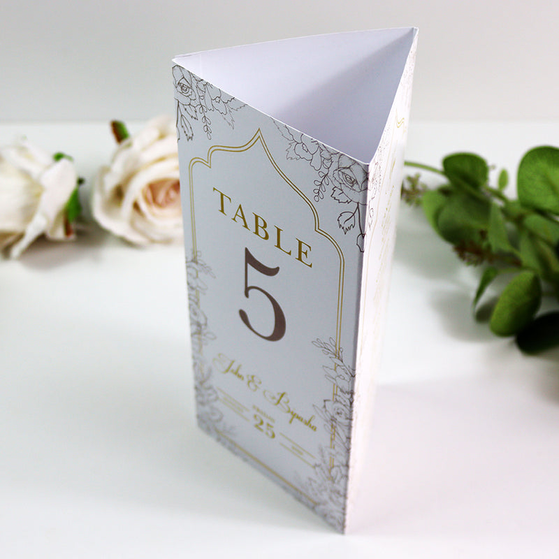 Ivory Floral 006 - Personalised Tri-Fold Triangle Menu Cards with Table Number