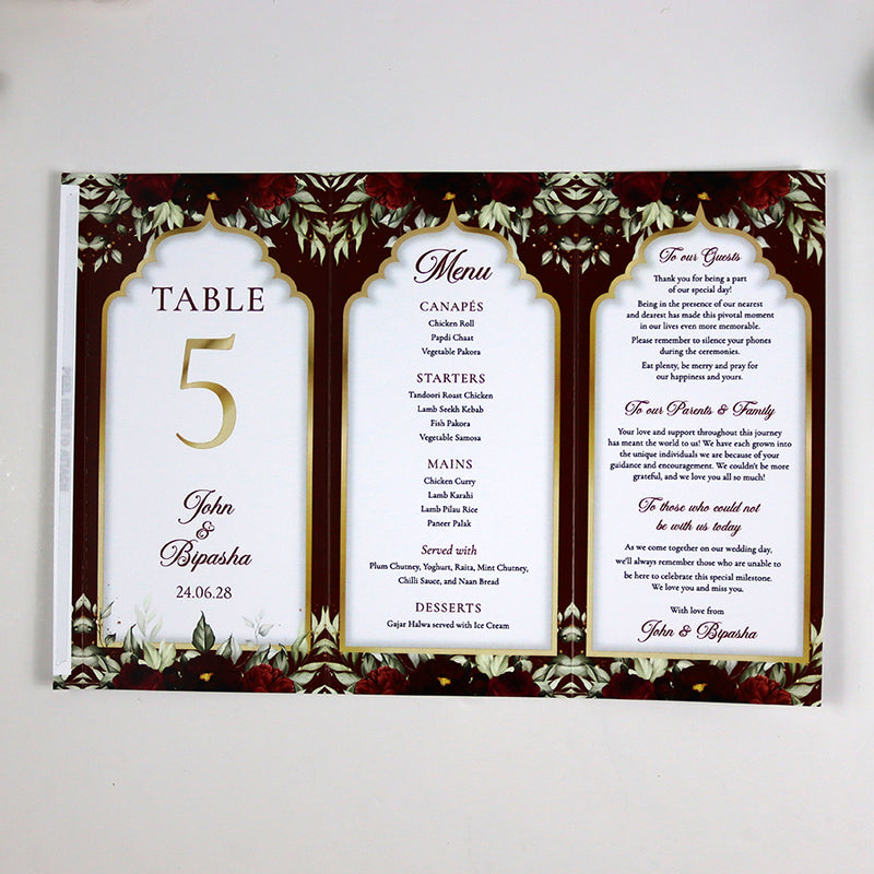 Maroon Floral 004 - Personalised Tri-Fold Triangle Menu Cards with Table Number