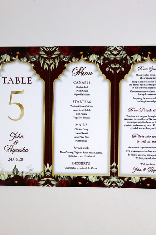 Load image into Gallery viewer, Maroon Floral 004 - Personalised Tri-Fold Triangle Menu Cards with Table Number
