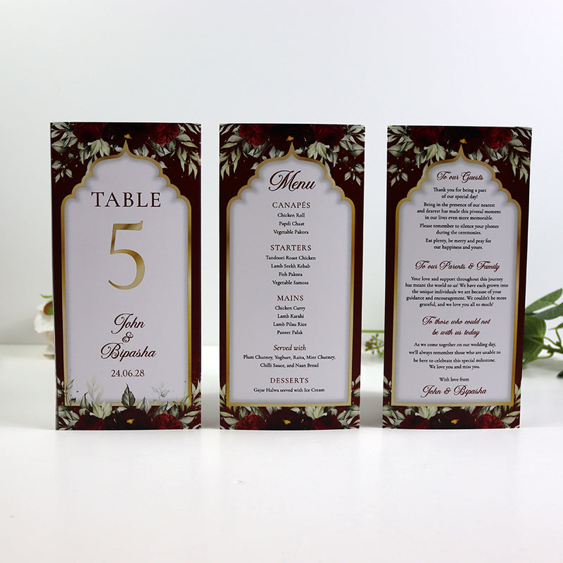 Maroon Floral 004 - Personalised Tri-Fold Triangle Menu Cards with Table Number