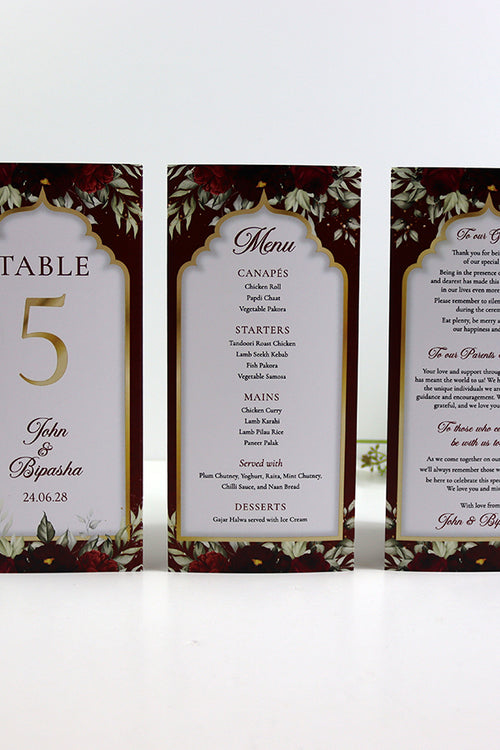 Load image into Gallery viewer, Maroon Floral 004 - Personalised Tri-Fold Triangle Menu Cards with Table Number
