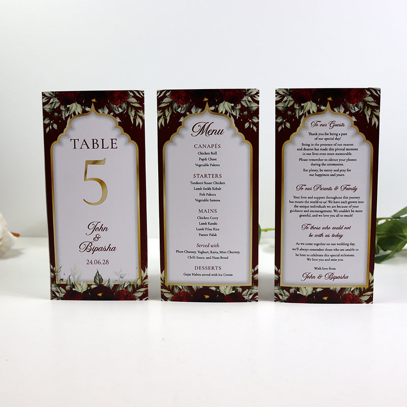 Maroon Floral 004 - Personalised Tri-Fold Triangle Menu Cards with Table Number