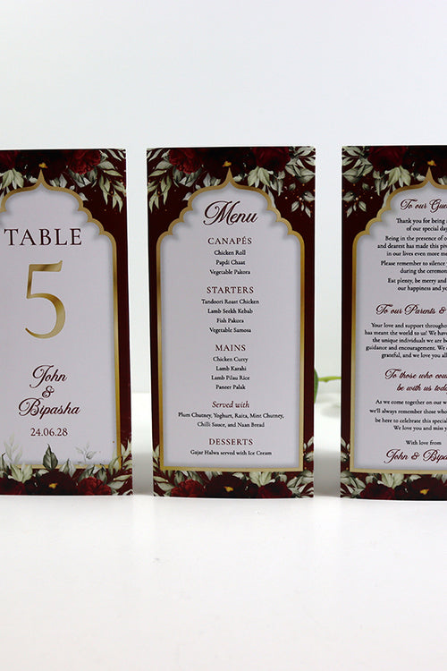 Load image into Gallery viewer, Maroon Floral 004 - Personalised Tri-Fold Triangle Menu Cards with Table Number

