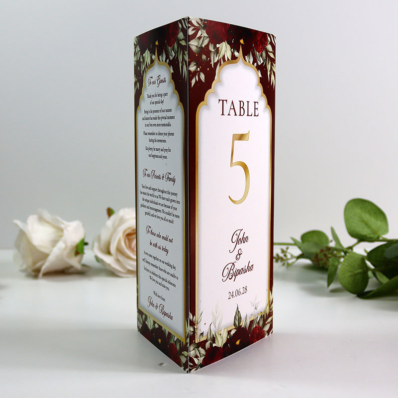 Maroon Floral 004 - Personalised Tri-Fold Triangle Menu Cards with Table Number