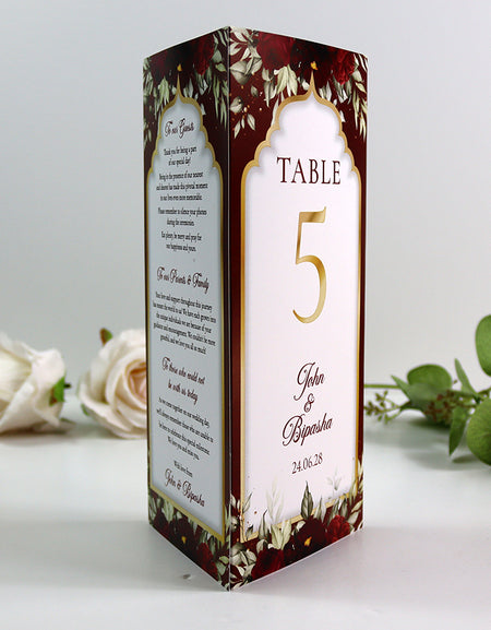 Maroon Floral 004 - Personalised Tri-Fold Triangle Menu Cards with Table Number