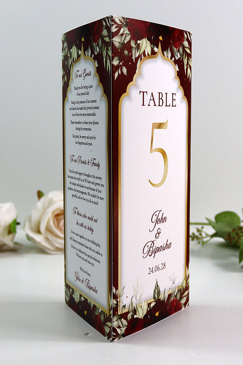 Load image into Gallery viewer, Maroon Floral 004 - Personalised Tri-Fold Triangle Menu Cards with Table Number
