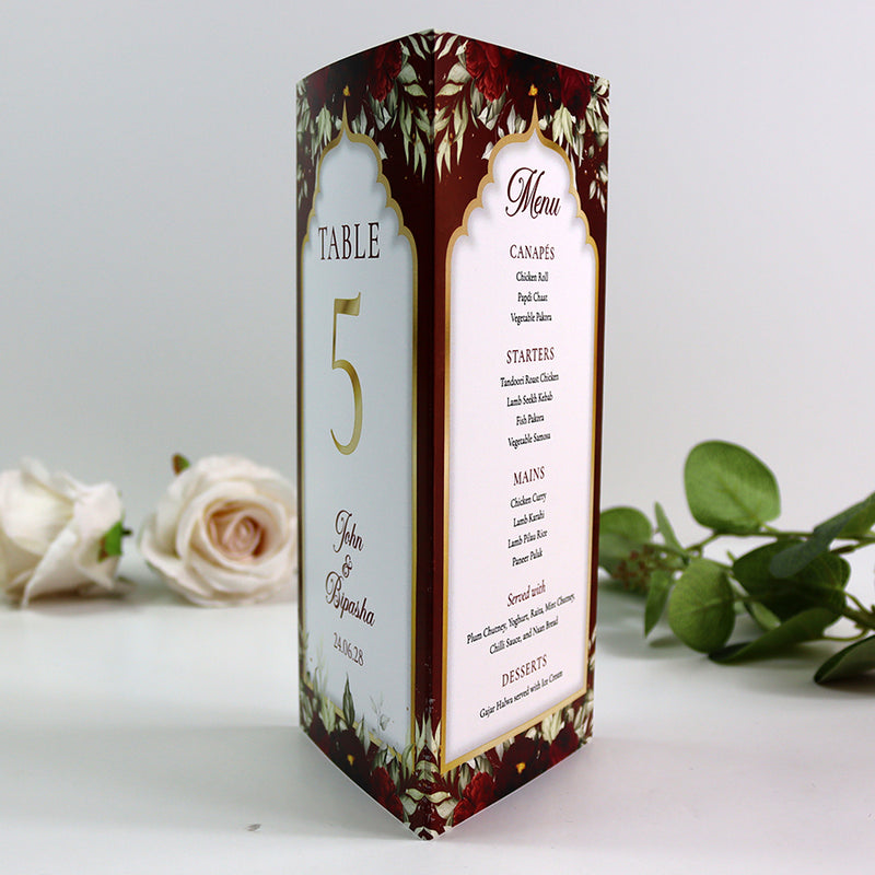 Maroon Floral 004 - Personalised Tri-Fold Triangle Menu Cards with Table Number