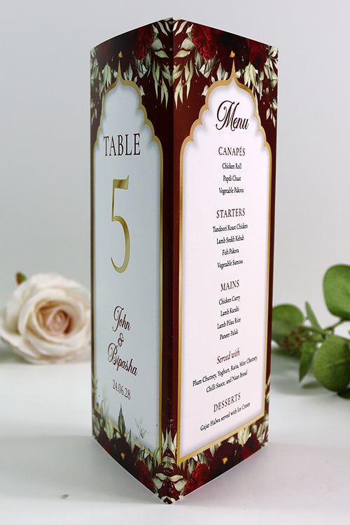 Load image into Gallery viewer, Maroon Floral 004 - Personalised Tri-Fold Triangle Menu Cards with Table Number
